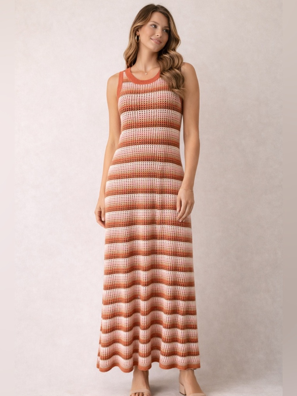 C&C California Crochet Knit Maxi Dress XL Pink Coral Stripe Boho Sleeveless
